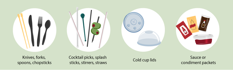 Restricted single-use items: Knives, forks, spoons, chopsticks, cocktail picks, stirrers, straws, cold cup lids, sauce packets.